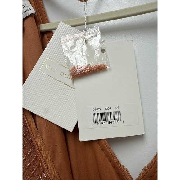 Mac Duggal Size 14 Orange Beaded Wrap Over Puff Sleeve Midi Dress Rhinestone NWT - Picture 10 of 10